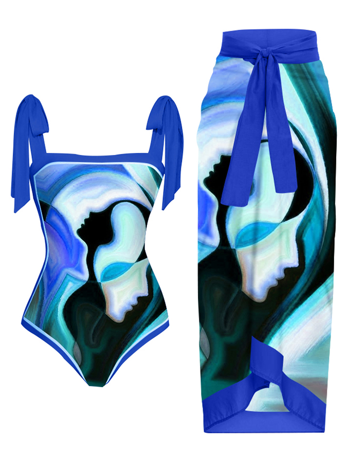 Fashion Vintage Abstract Print One Piece Swimsuit Set