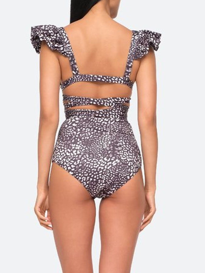 V Neck Print Ruffle Swimsuit