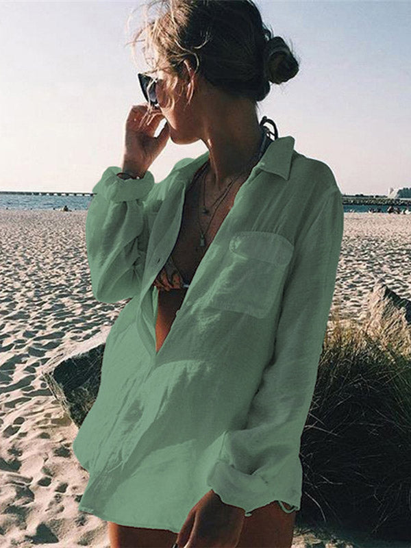 Simple Solid Color Button Long Sleeve Shirt-Style Cover-Up Swimwear