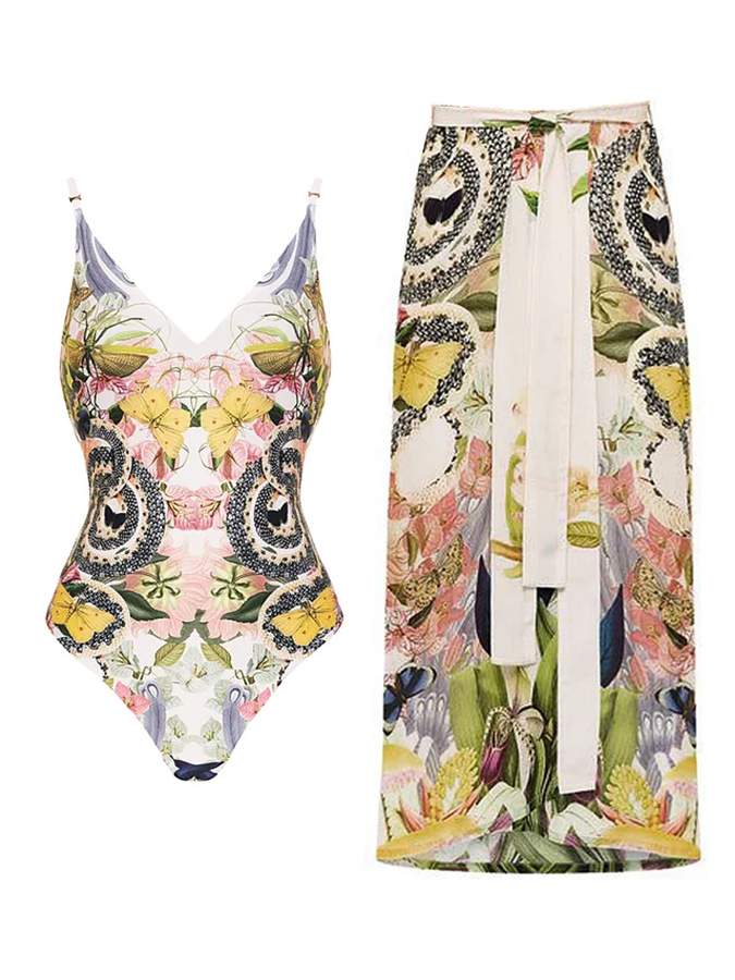 Snake Print One Piece Swimsuit and Skirt