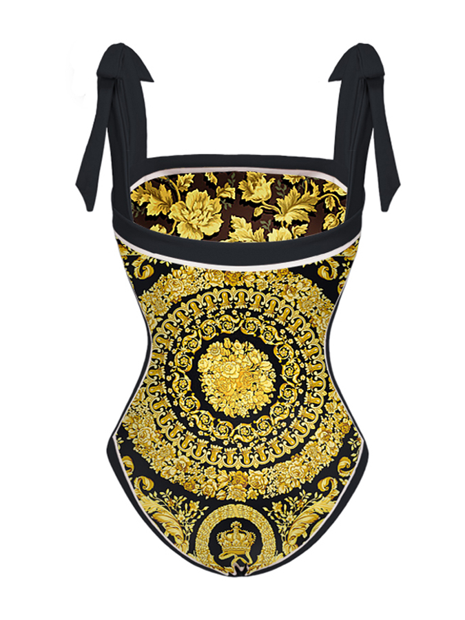 Reversible Bowknot Tie-shoulder One Piece Swimsuit and Sarong