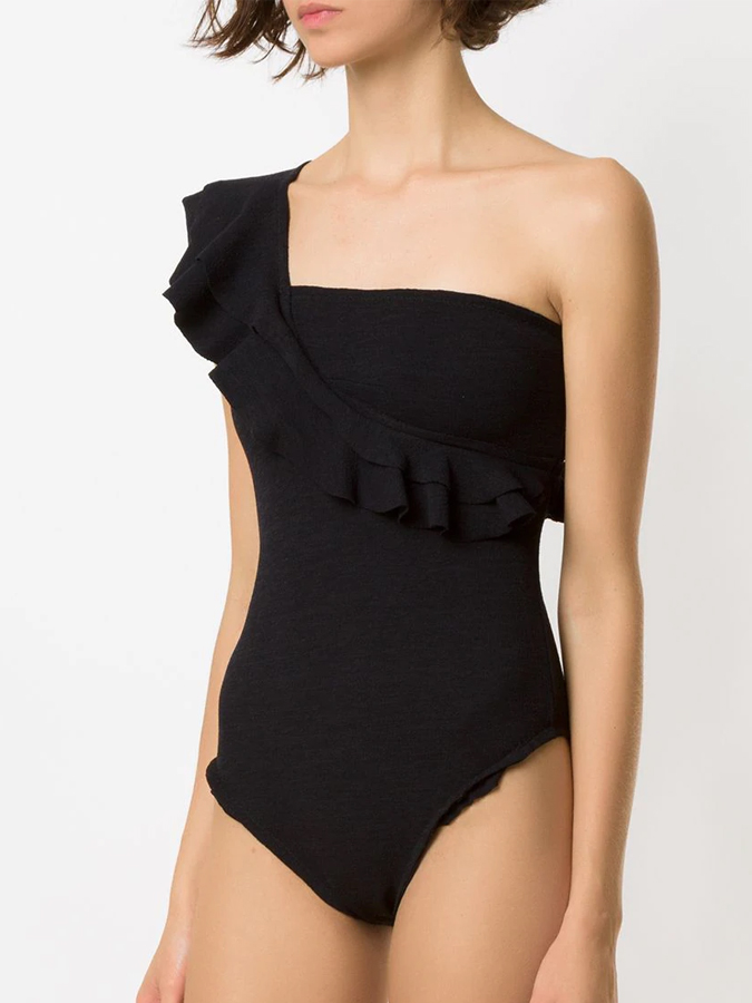 Plain One Shoulder Ruffled One-Piece Swimsuit And Cover Up