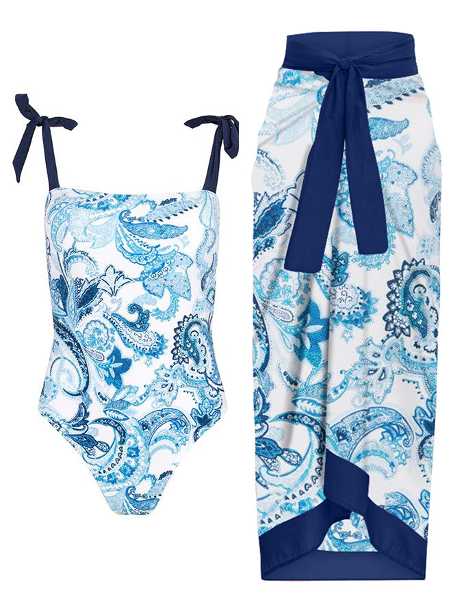 Fashion Vintage Print One Piece Swimsuit and Cover Up
