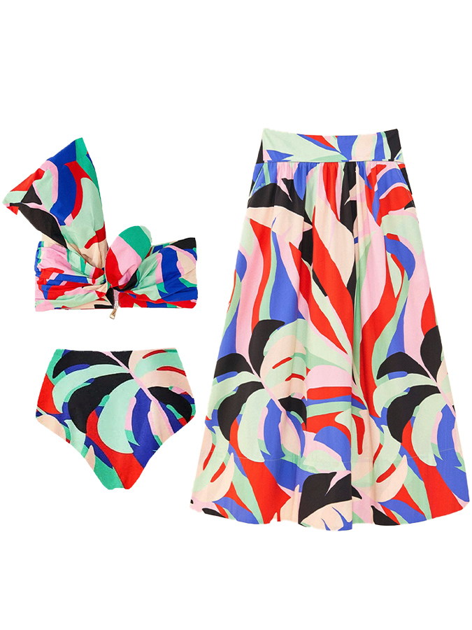 Vintage Colorblock Print Beach Bikini and Skirt