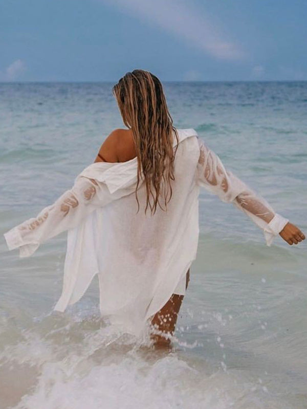 Simple Solid Color Button Long Sleeve Shirt-Style Cover-Up Swimwear