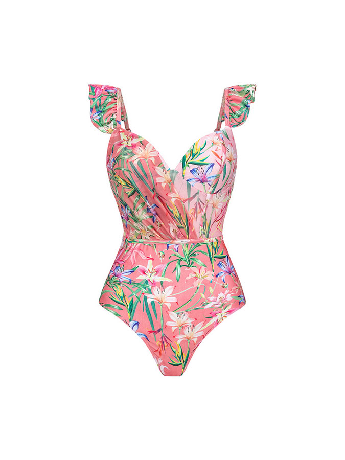 Floral Print One Piece Swimsuit and Mesh Splicing Sarong