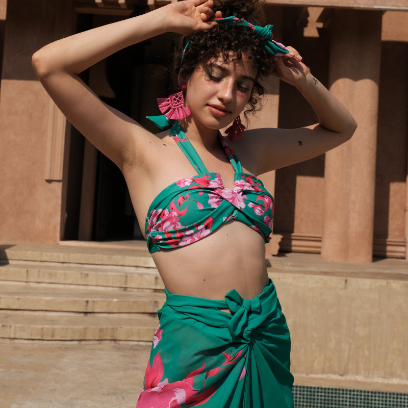 Floral Printed Halter Bikini Swimsuit and Sarong