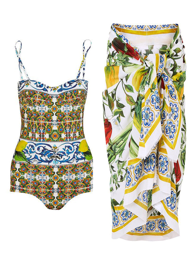 Vintage Print One Piece Swimsuit and Cover Up