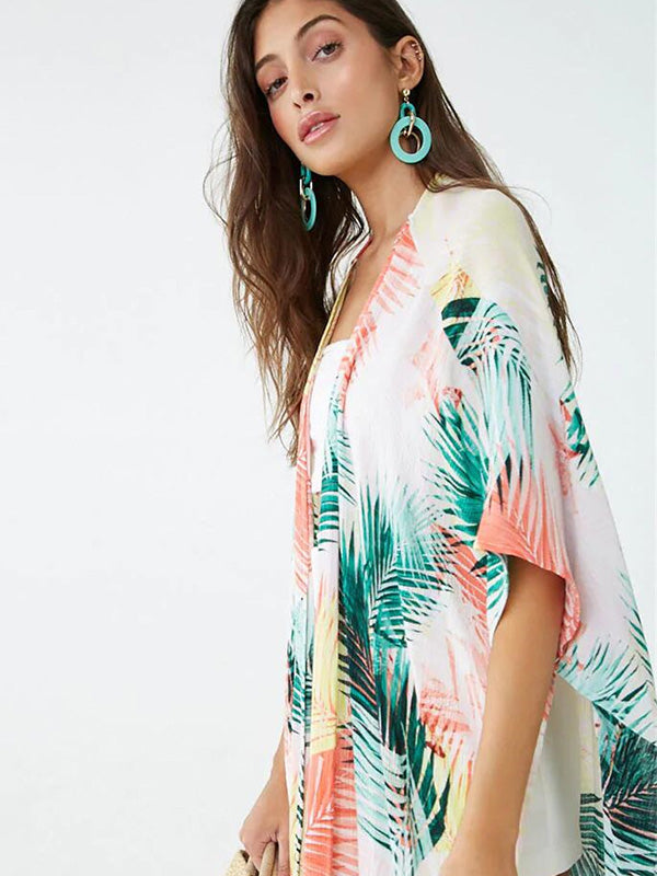 Colorful Leaf Printing Cardigan Loose Vacation Beach Cover-Up Swimwear