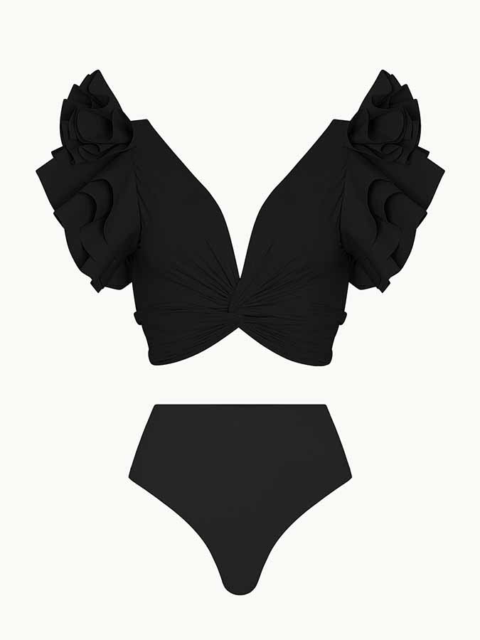 Solid Ruffle V-Neck Bikini