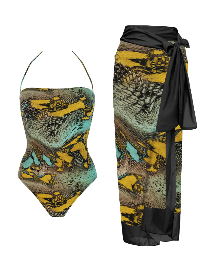 Vintage Snake Print One-Piece Swimsuit And Cover up