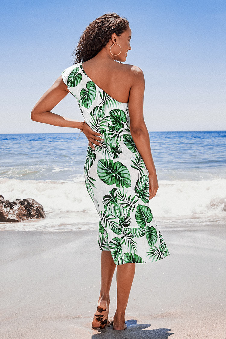 Violet Tropical One Shoulder Ruffle Dress