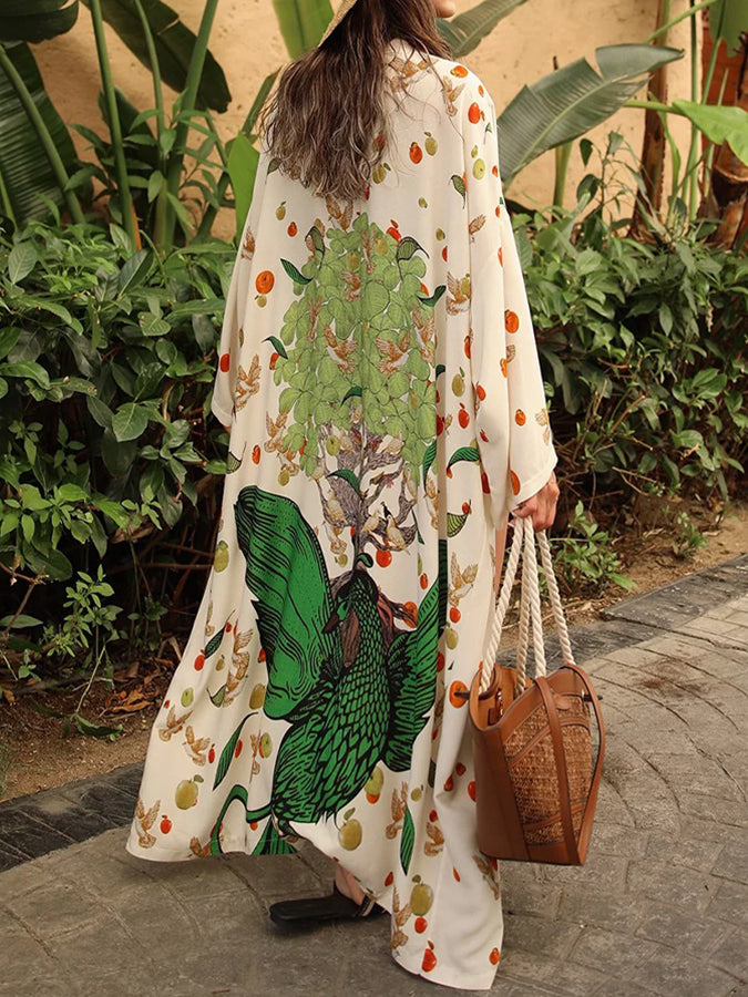 Vintage Back Printed Lace Up Beach Cover Up