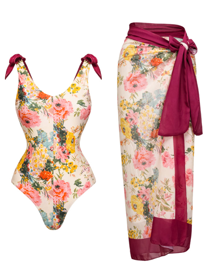 Floral Colorblock Print Swimsuit and Cover-up