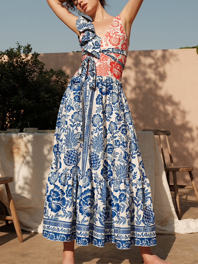 Ruffled Colorblock Print Swimsuit Set