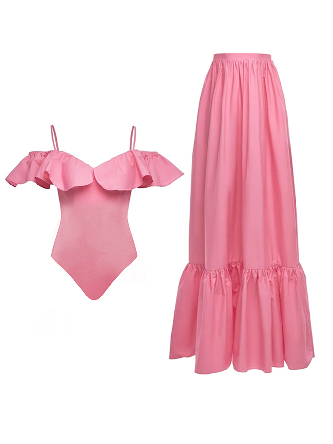 Plain Ruffle One Piece Swimsuit And Skirt