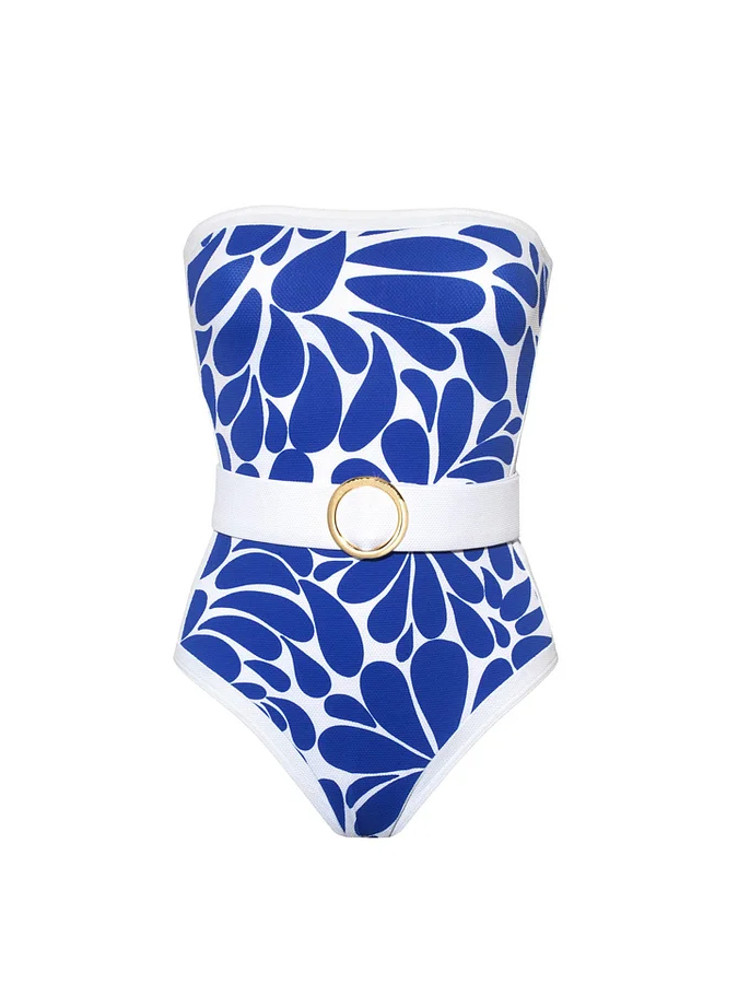 Bandeau Printed One Piece Swimsuit With Belt and Cover Up
