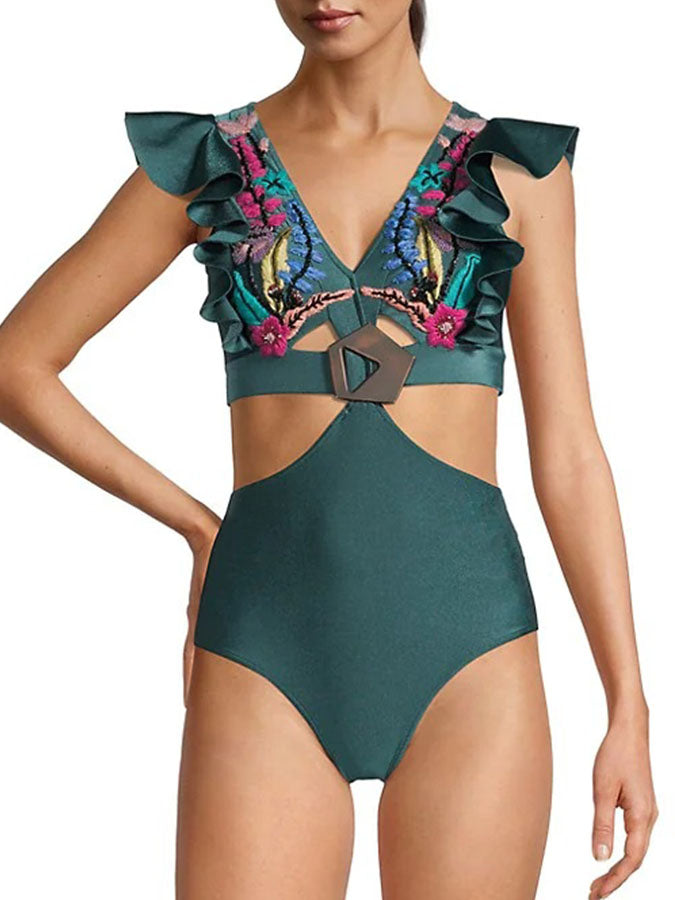 V Neck Ruffled Embroidered One-Piece Swimsuit