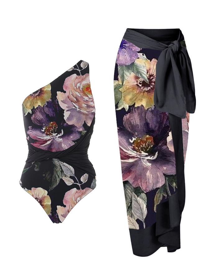 Vintage Rose Print One Shoulder One Piece Swimsuit And Cover up