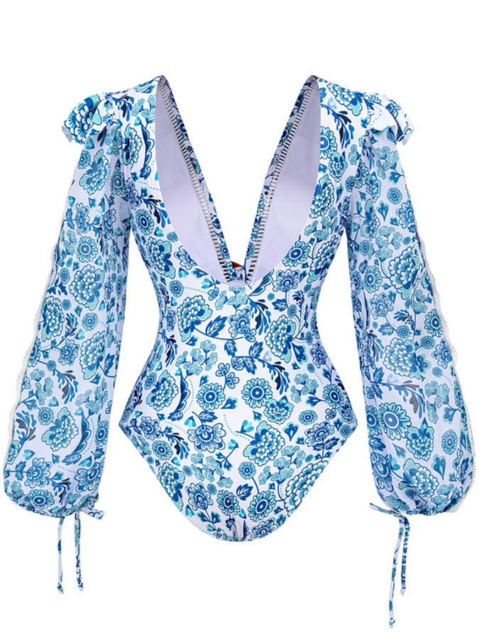 Blue Printed Panel Lace Swimsuit and Skirt