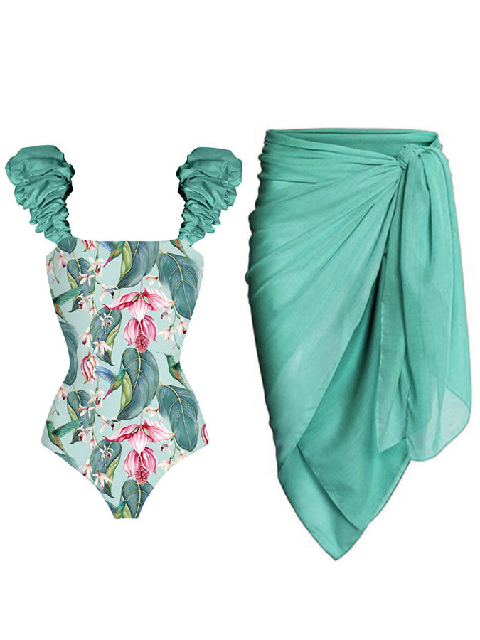Fashion Floral Print One-Piece Swimsuit Set