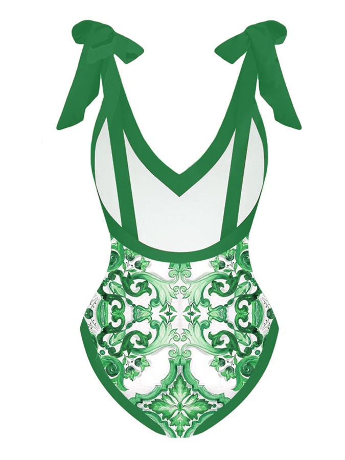 Fashion Vintage V-Neck Print One-Piece Swimsuit Set