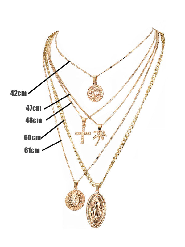 Fashion Coconut Tree Portrait Embossed Pendant Multilayer Necklace
