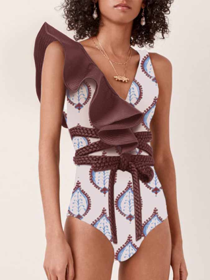 Ruffled Colorblock Print Swimsuit