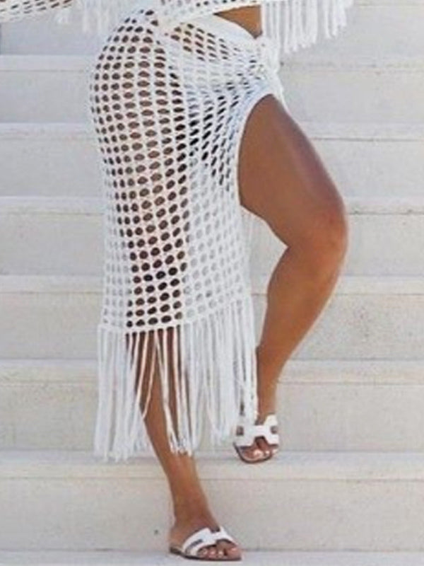 Knitted Hollow See-Through Split-Side Tasseled Cover-Up Swimwear