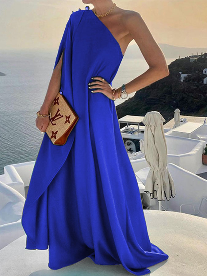 Stylish and Elegant Solid Color Loose One-shouldered Maxi Dress