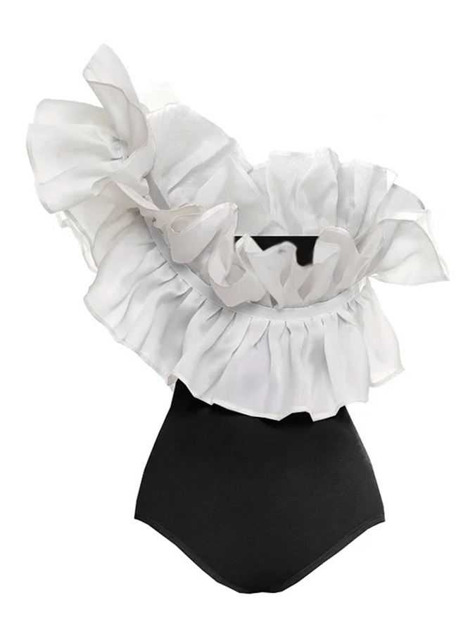 One shouder Ruffle Stitching One Piece Swimsuit and Cover-up