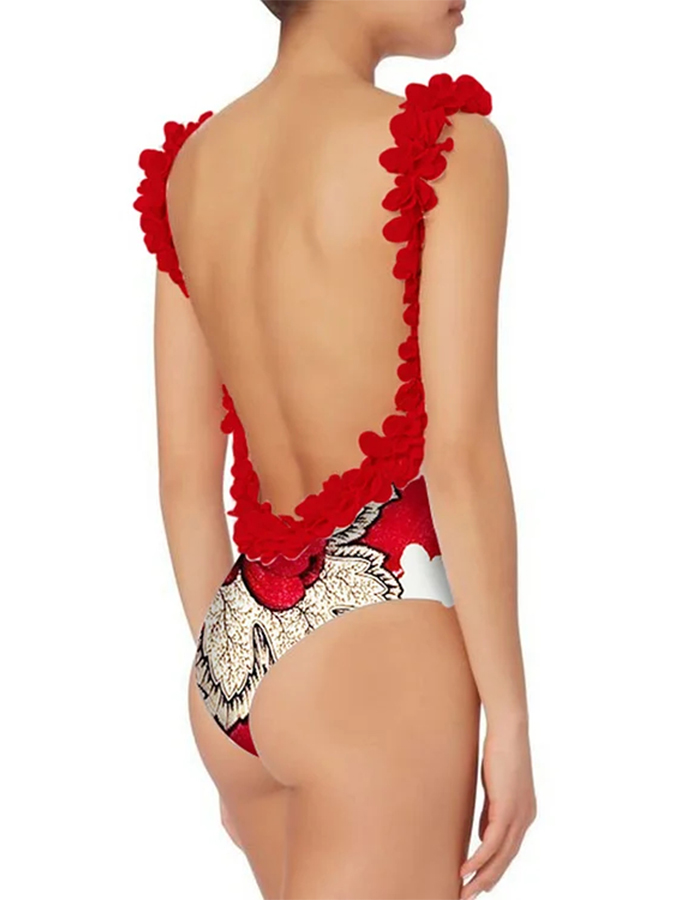 3D Petal Trim Backless One-Piece Swimsuit