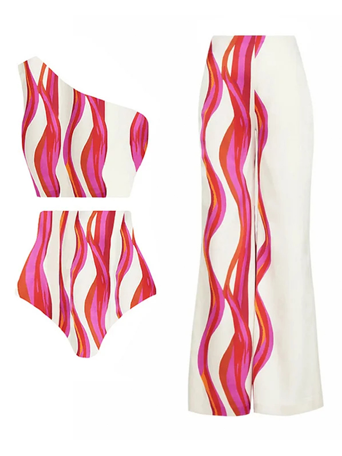 Geometric Print One Shoulder Printed Bikini Swimsuit and Pants