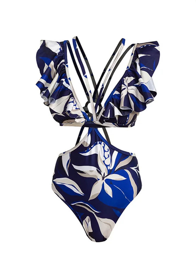 V Neck Printed Ruffle One Piece Swimsuit and Cover Up