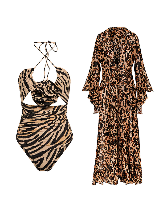 Removable 3D Flower Decor Leopard Printed One Piece Swimsuit and Skirt