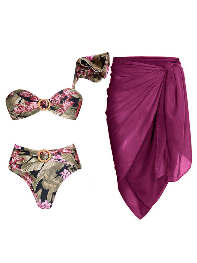 Fashion Printed One-Shoulder Ruffled Bikini and Cover Up