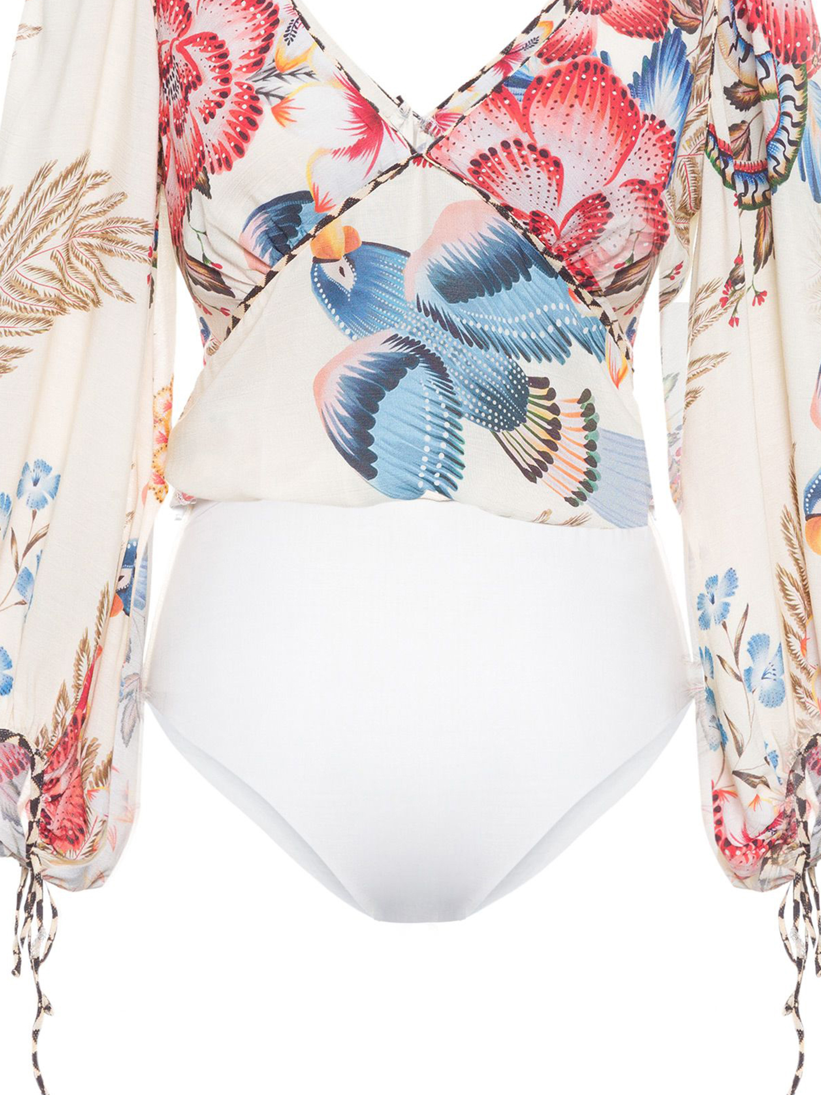 Vintage V-neck Flower and Bird Print Long sleeve One-piece Swimsuit