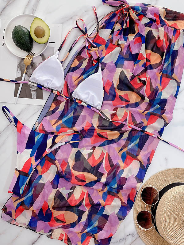 Halterneck Triangles Split Bikini  Three-Piece Set