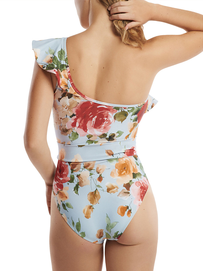 One-shoulder Ruffle Floral Print Swimsuit and Cover Up