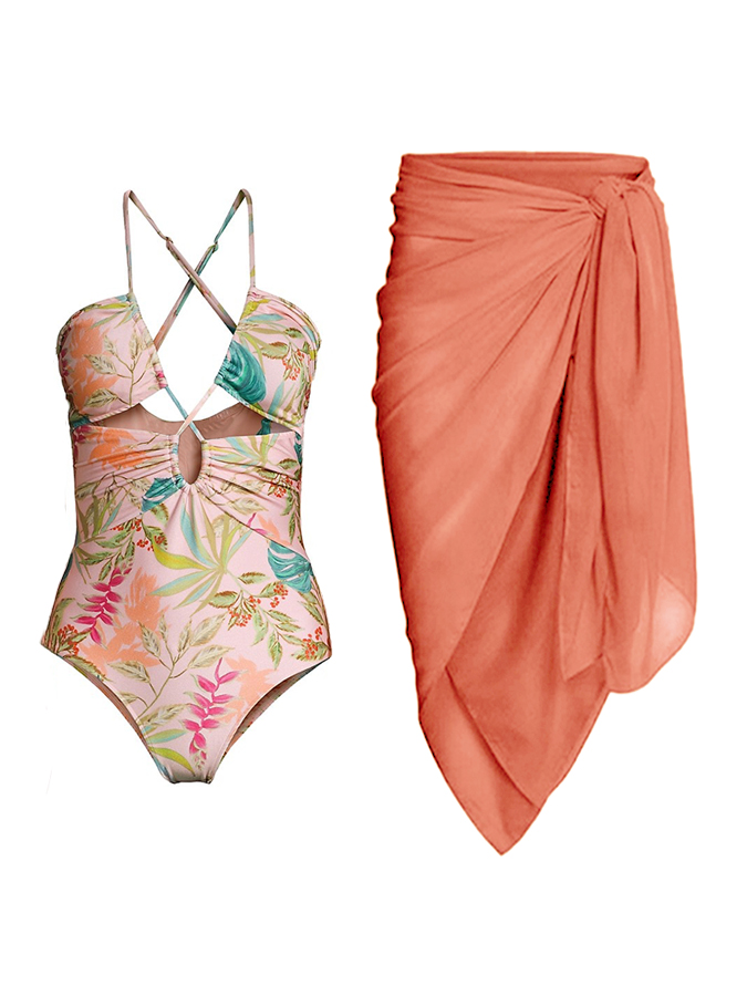 Floral Print One Piece Swimsuit and Cover Up
