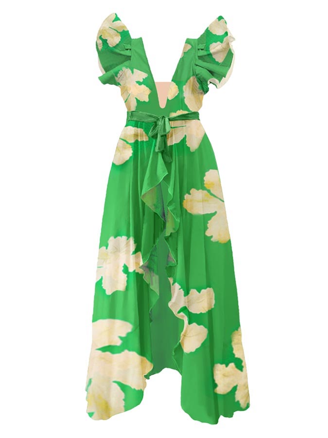 Ruffled Floral Colorblock Print Swimsuit and Cover-up