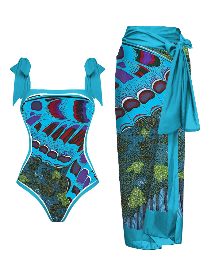 Vintage Butterfly Floral Print One Piece Swimsuit And Cover Up