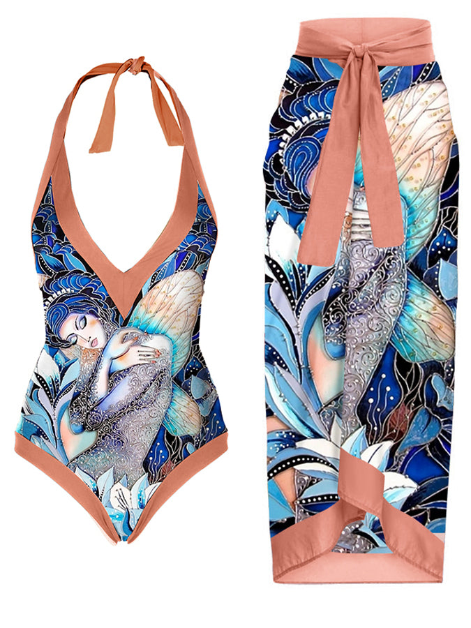 Printed Halter Neck One Piece Swimsuit & Cover up