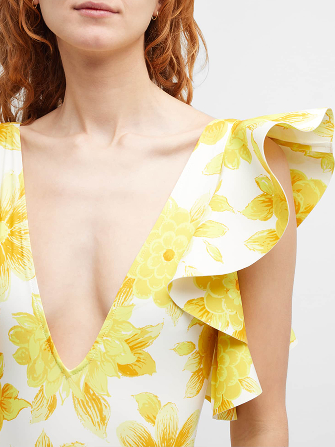 Deep V Ruffled Floral Print Swimsuit and Cover-up