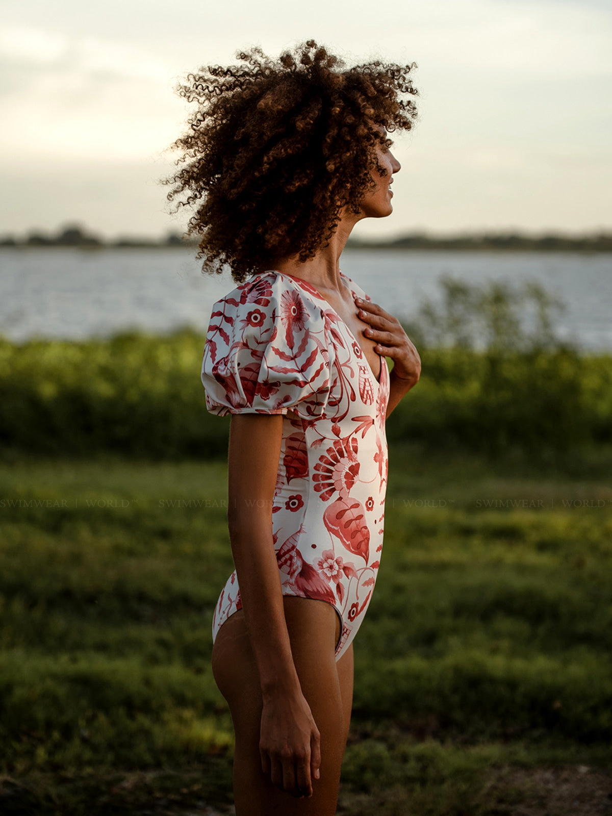 V Neck Puff Sleeves Printed One Piece Swimsuit