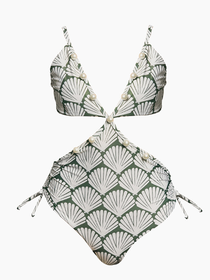 Printed Cut Detachable Sleeve One-Piece Swimsuit