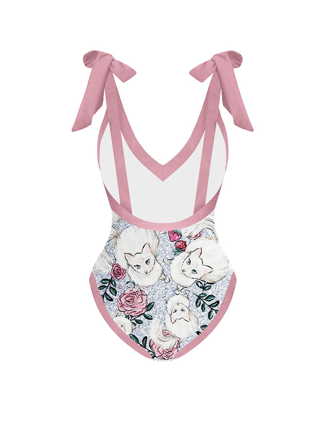 Cat Fashion Print Tie One Piece Swimsuit