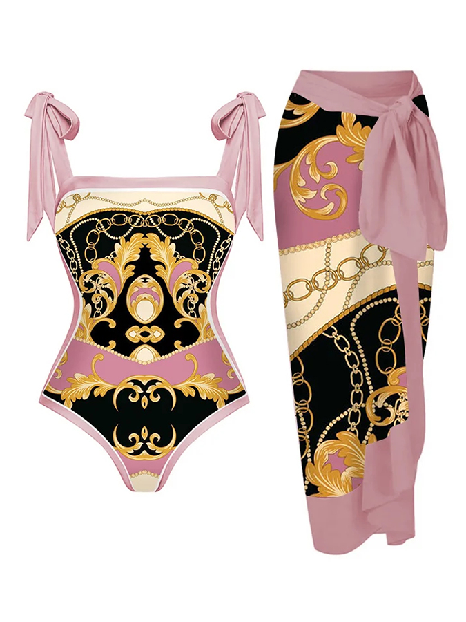 Vintage Print One Piece Swimsuit and Cover Up