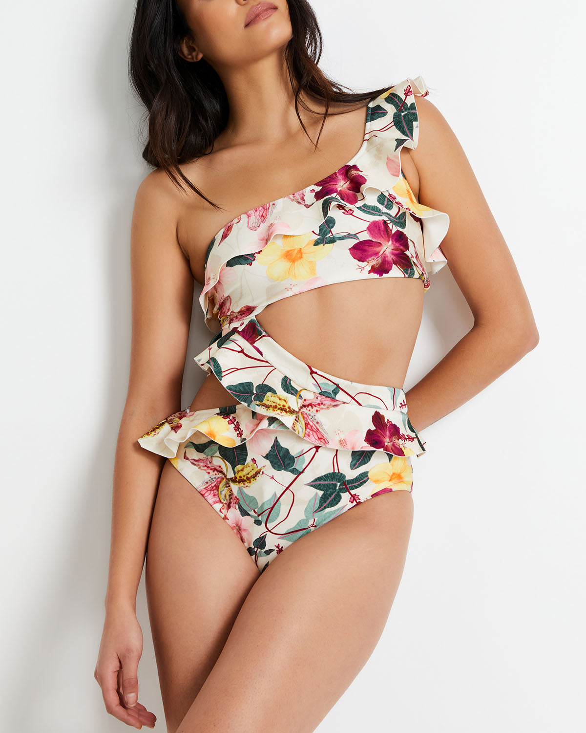 Fashion Colorblock Floral Print Ruffle One-Piece Swimsuit
