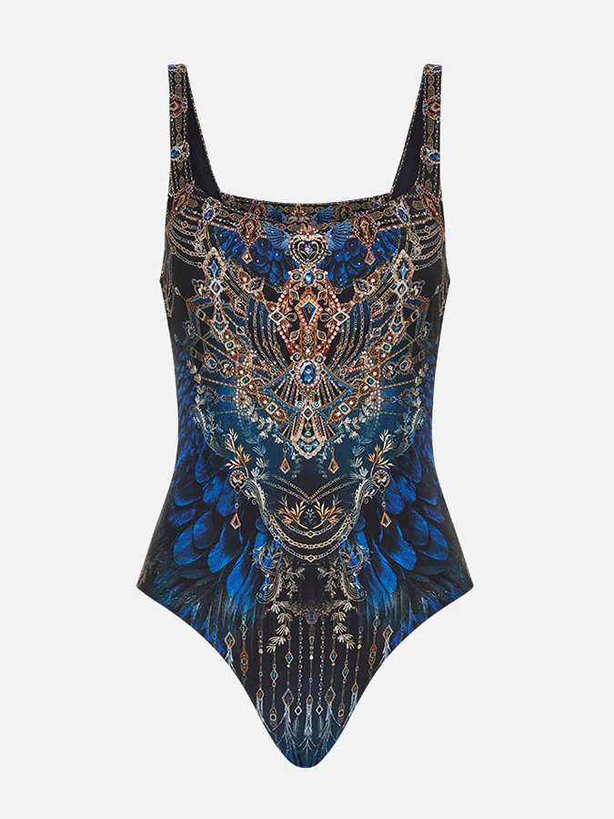 Vintage Court Feather Print One Piece Swimsuit And Cover up